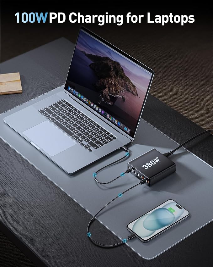 380W USB C Charger Block with 4 USB Cables Dual 100W Charging Station | 8-Port USB C Charging Station Laptop Charger Fast Type C Charging Block for MacBook Pro, Dell XPS, iPhone, iPad, Tablet