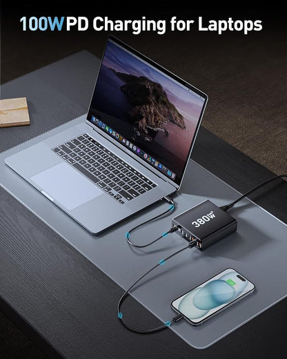380W USB C Charger Block with 4 USB Cables Dual 100W Charging Station | 8-Port USB C Charging Station Laptop Charger Fast Type C Charging Block for MacBook Pro, Dell XPS, iPhone, iPad, Tablet