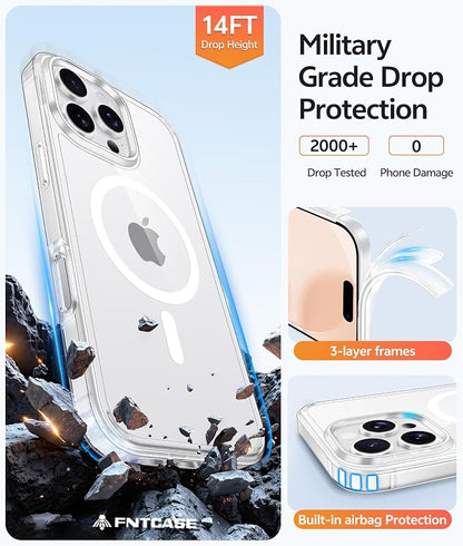 FNTCASE for iPhone 16 Pro Max Case, Fit for Magsafe, Glass Screen Protector | Anti Yellowing, Magnetic Phone Cases, 14FT Military Grade Drop Protection, Slim Shockproof Protective Cover, Clear