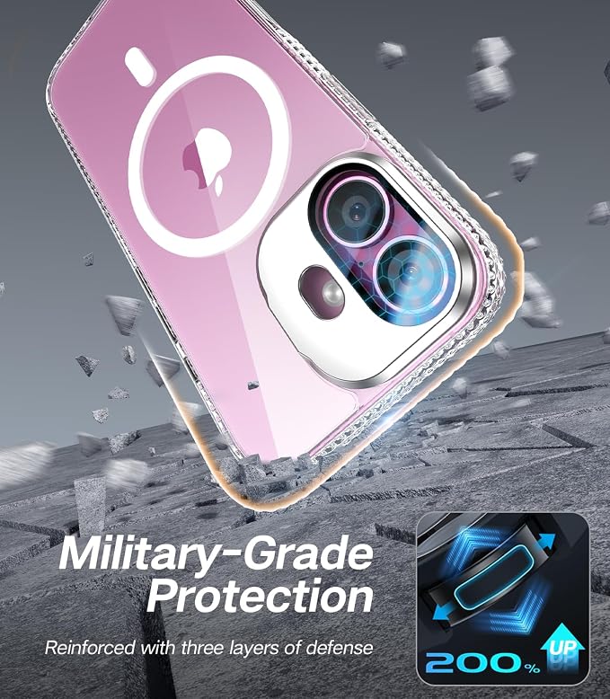 [Upgraded] for iPhone 16 Case with Camera Cover Stand [Fit for MagSafe][9H Camera Lens Protector] Mil-Grade Protection Transparent Magnetic iPhone 16 Phone Case, Clear