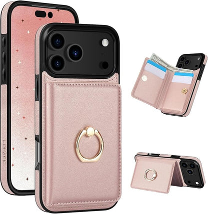 LOHASIC for iPhone 17 Pro Case Wallet with Card Holder, 360° Rotation Ring, RFID Blocking, 5 Card Slots, PU Leather 6.3" Cover for Apple 17 Pro Men Women, Rose Gold