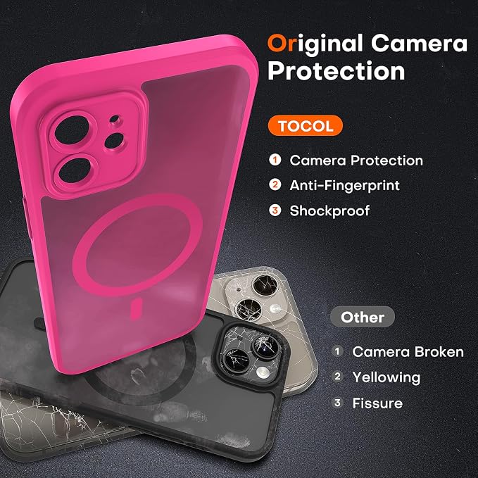 TOCOL for Phone 12 Case, Compatible with Magsafe Charger, Full Camera Protection, Drop Protection, Translucent Matte Phone Case for iPhone 12 6.1 inch (Hot Pink)