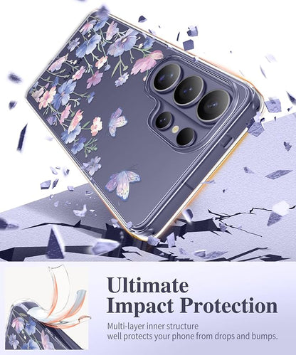 GVIEWIN for Samsung Galaxy S26 Ultra Case, Clear Floral Slim Shockproof Protective Women Phone Case, Non-Yellowing, with Screen Protector & Camera Lens Protector for S26 Ultra 6.9", Bloomwing/Blue