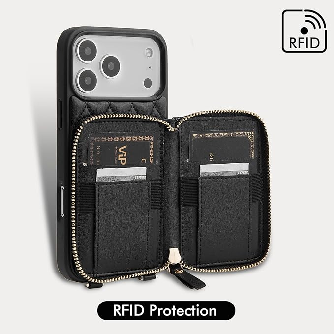 LAMEEKU for iPhone 17 Pro Case Wallet with Card Holder,RFID Blocking Wrist Strap Crossbody Cover for Women 6.3" Black