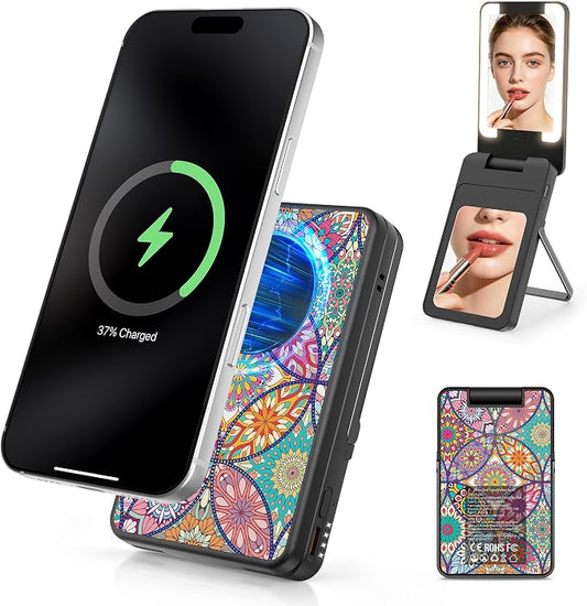 Magnetic Wireless Power Bank 5-in-1, 5000mAh Portable Charger with LED Mirror, Phone Stand, Card Holder & Bluetooth Remote, 20W Fast Charging for iPhone & Android, Travel Essential for Women