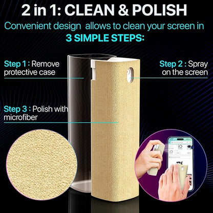 Mini Screen Cleaner Spray – Finger Proof Screen Cleaner for Smartphones, iPads, MacBooks, Laptops, Car Screens, Touchscreens – 3in1 Mist Cleaner, Microfiber Cloth and Cover (Dark Green)