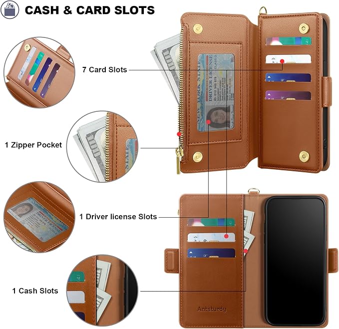 Antsturdy Compatible with iPhone 16 Plus Wallet Case,RFID Blocking PU Leather Phone Case Women Men Kickstand flip Cover Wrist Strap Zipper Credit Card Holder Slots for Apple 16 Plus 6.7",Light Brown
