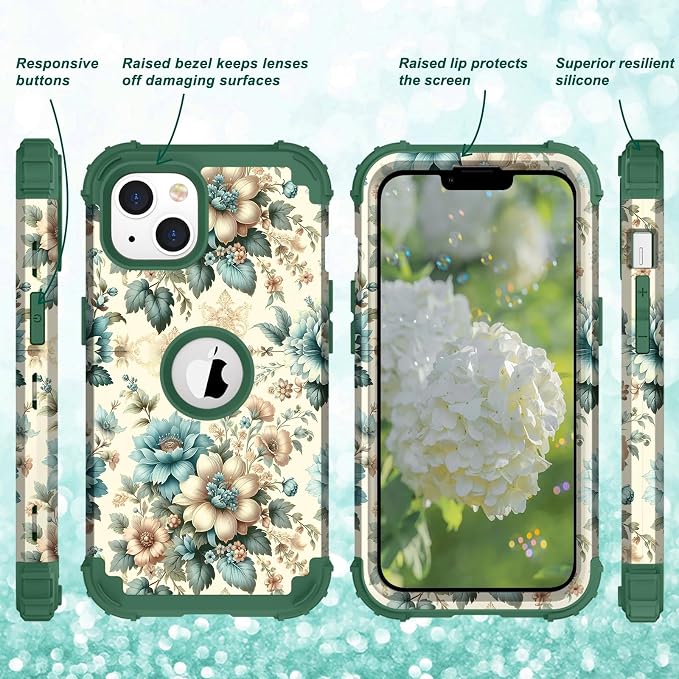 Hocase for iPhone 14 Plus Case, Heavy Duty Shockproof Protection Soft Silicone Rubber+Hard Plastic Bumpers Hybrid Protective Case for iPhone 14 Plus 6.7" 2022 - Teal Blue Flowers
