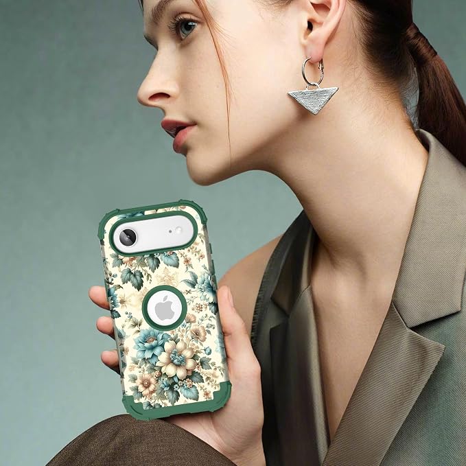 Hocase for iPhone Air Case 6.5", Heavy Duty Shockproof Protection Soft Silicone Rubber+Hard Plastic Bumpers Hybrid Protective Case for iPhone Air 2025 - Teal Blue Flowers