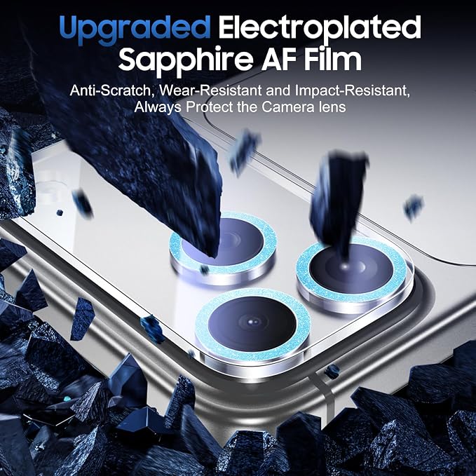 UniqueMe Compatible for 3 Pack iPhone 17 Pro Camera Lens Protector - [Drop Protection] [Case Friendly] 9H Tempered Glass Camera Cover Screen [Update New Version] - Glitter Blue