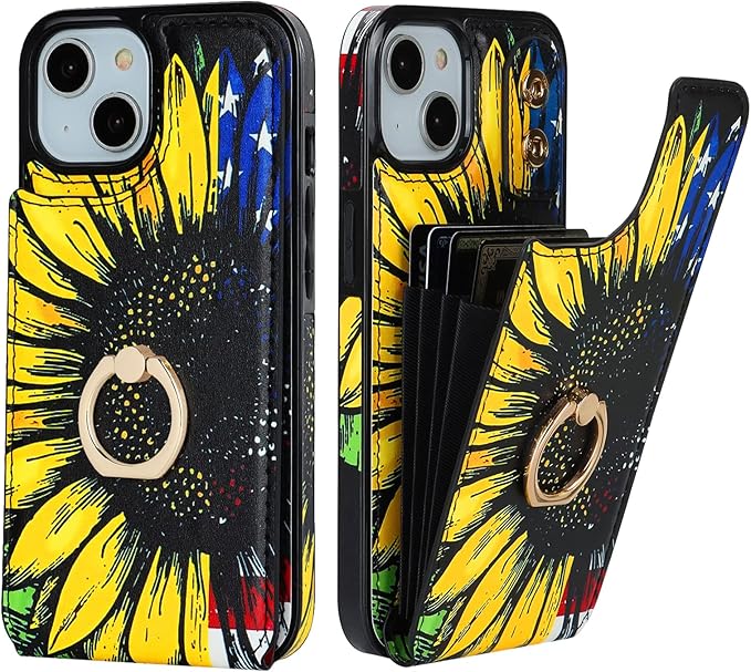 HAOPINSH for iPhone 13/ iPhone 14 Wallet Case with Card Holder, 360°Rotation Ring Kickstand, American Flag Sunflowers Pattern, RFID Blocking Leather for Girls Women, Double Buttons Flip Cover 6.1"