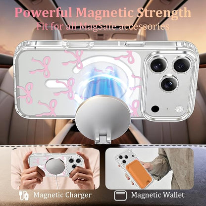 Magnetic Bow Case for iPhone 17 Pro,with Screen Protector & Camera Lens Protector, Slim Clear Phone Cover Anti-Yellowing Shockproof Protective Cover for Women Girl - Pink