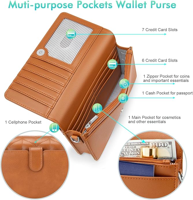 nuoku Women Small Crossbody Bag Cellphone Purse Wallet with RFID Card Slots 2 Straps Wristlet