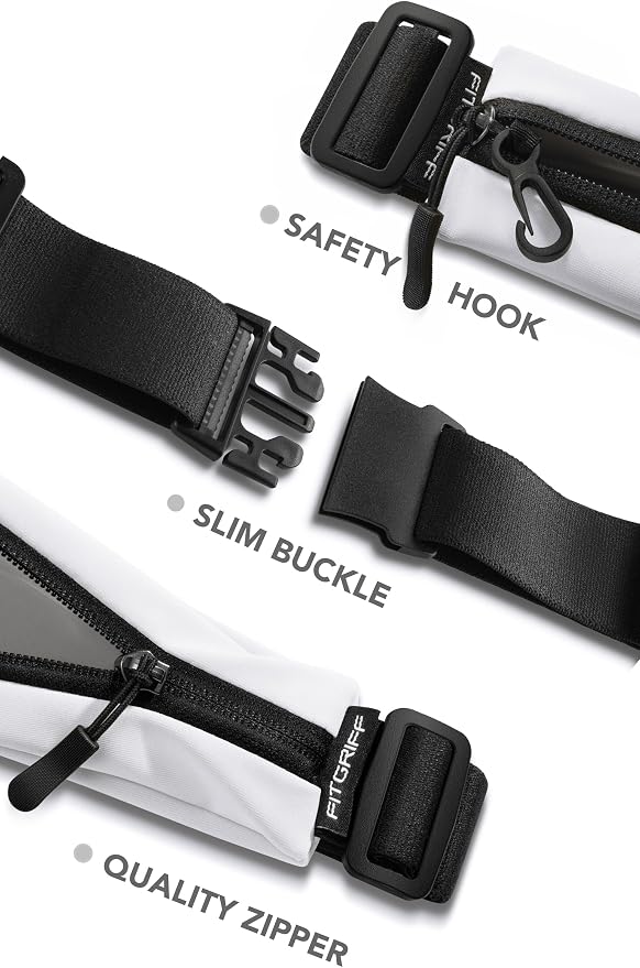 Fitgriff® Running Belt V2 for Men & Women - Slim Fanny Pack, Phone Holder for Jogging, (Fits All Cell Phones) - Money Belt, Runners Waist Pouch (White, One Size (Waist 24.4 – 43.3 inches))
