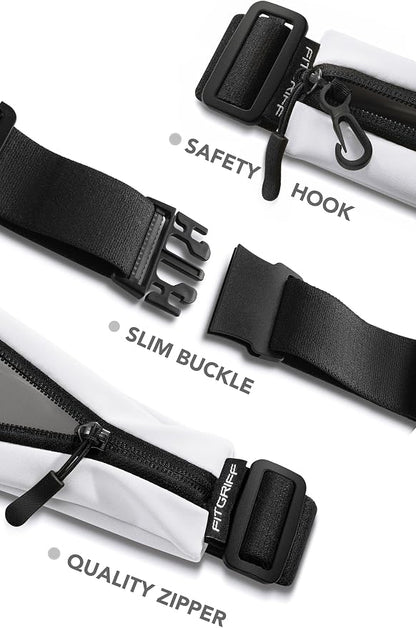 Fitgriff® Running Belt V2 for Men & Women - Slim Fanny Pack, Phone Holder for Jogging, (Fits All Cell Phones) - Money Belt, Runners Waist Pouch (White, One Size (Waist 24.4 – 43.3 inches))