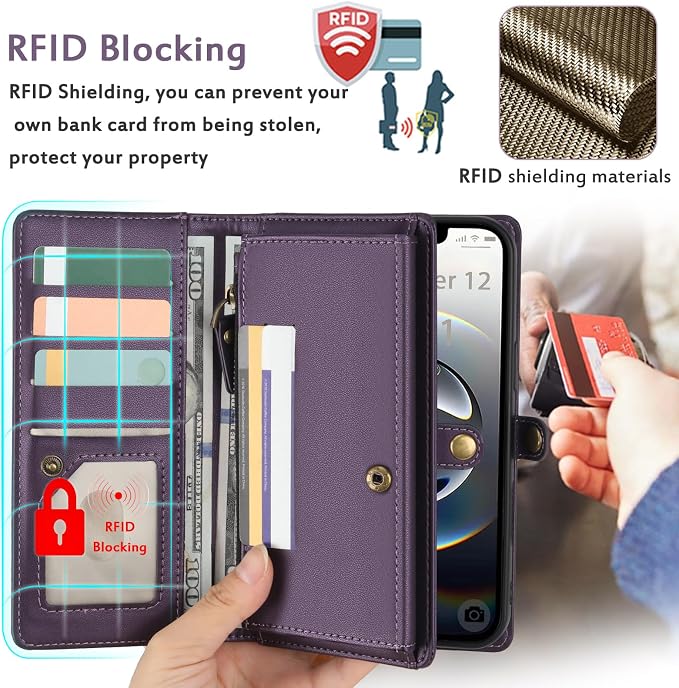 for Wallet Case Compatible with iPhone 16e / 17e ,Multi-Function Detachable 2 in 1 Magnetic iPhone 16e / 17e Case Wallet,Flip Strap Zipper Card Holder Phone Case with Shoulder Straps (Pruple)
