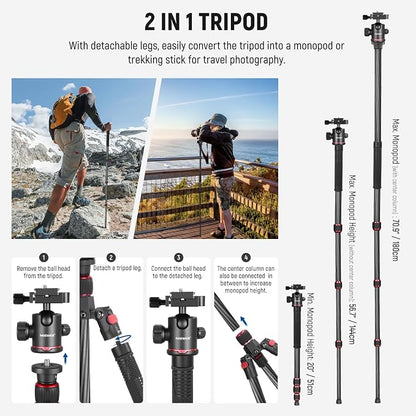 NEEWER 66"/168cm Carbon Fiber Tripod for Camera with 360° Panorama Ball Head, 1/4" Arca QR Plate, Portable Bag, Compact Travel Tripod Monopod for DSLR Video Camcorder, Max Load 26.5lb/12kg, N55C