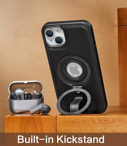 for iPhone 14 /iPhone 13 Leather Case with Stand, Anti-Slip Grip Ring, Fits for MagSafe (Black, iPhone 14/13)