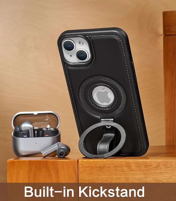 for iPhone 15 Plus/iPhone 14 Plus Leather Case with Stand, Anti-Slip Grip Ring, Fits for MagSafe (Black, iPhone 15/14 Plus)