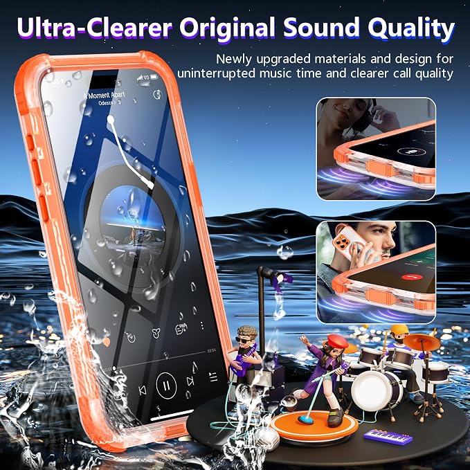 2024 Upgrade for iPhone 15 Pro Case Waterproof,[Compatible With MagSafe][Built-in Screen&Camera Protector][Full Body Dropproof][IP68 Underwater][Clear Sound]Shockproof Phone Case 6.1" Orange/Clear