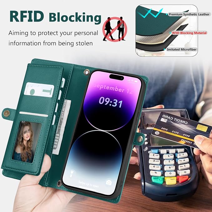 Wallet Case for iPhone 14 Pro Max with Card Holder/Crossbody Wallet/Strap| RFID Blocking | Magnetic | Kickstand | Detachable | PU Leather Phone Case for iPhone 14 Pro Max,6.7 in,Green