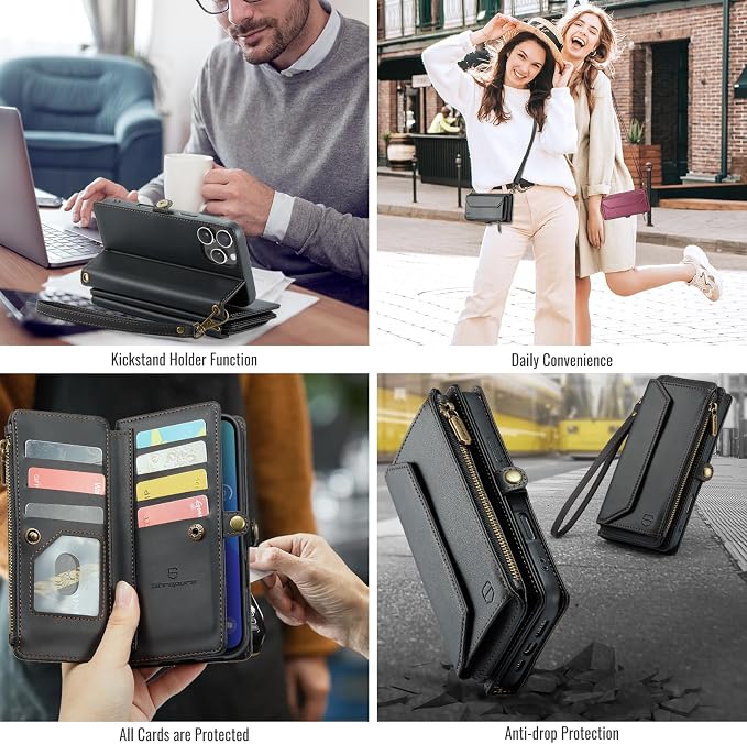 Strapurs Wallet Case Compatible with iPhone 16 Pro Max 6.9" RFID Blocking 10-Card Holder Soft PU Leather Magnetic Snap Shoulder Strap Zipper Pocket Phone Case Fit for iPhone 16 Pro Max - Black