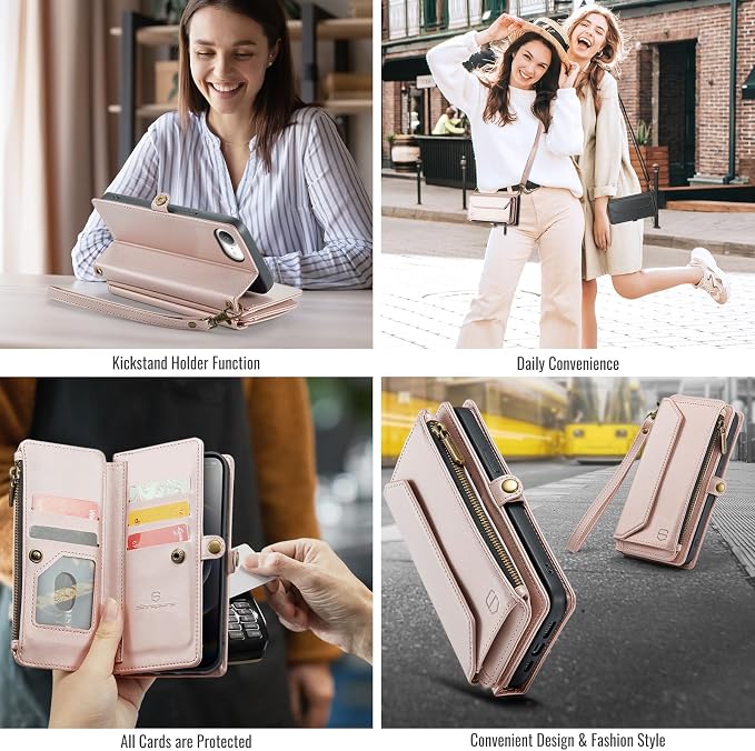 Strapurs Crossbody Wallet Case Compatible with iPhone 17e / iPhone 16e RFID Blocking 7-Card Holder PU Leather Magnetic Snap Shoulder Strap Zipper Pocket Phone Cases for iPhone 17e / 16e - Rose Gold