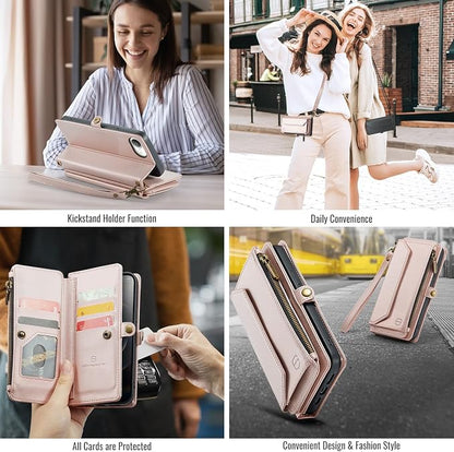 Strapurs Crossbody Wallet Case Compatible with iPhone 17e / iPhone 16e RFID Blocking 7-Card Holder PU Leather Magnetic Snap Shoulder Strap Zipper Pocket Phone Cases for iPhone 17e / 16e - Rose Gold