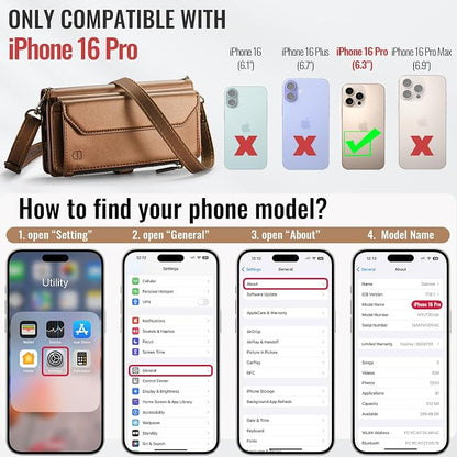 Strapurs Wallet Case Compatible with iPhone 16 Pro 6.3" RFID Blocking 10-Card Holder Soft PU Leather Magnetic Snap Shoulder Strap Zipper Pocket Phone Case Fit for iPhone 16 Pro for Women - Brown