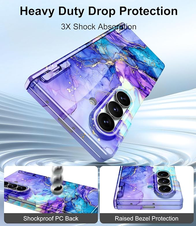 Btscase for Samsung Galaxy Z Fold 7 Case,Built in Front Screen Protector,Gold Glitter Marble Pattern Hard PC Slim Shockproof Full Body Drop Protective Case for Galaxy Z Fold 7 5G, Bright Purple Blue