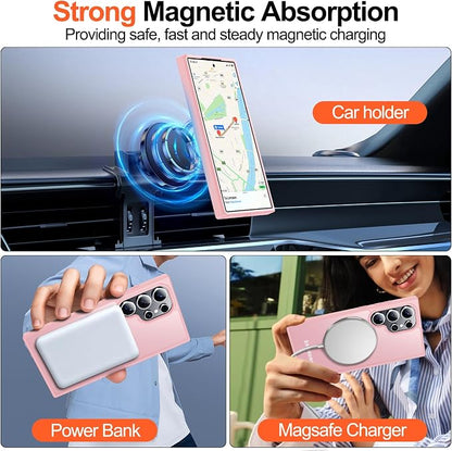 MOZOTER for Samsung Galaxy S24 Ultra Case,[Compatible with MagSafe] Pink | [12Ft Military Dropproof][2*Screen Protector]Translucent Anti-Slip Back Slim Shockproof Case for S24 Ultra-Pink
