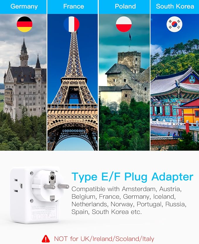 One Beat 2 Pack Germany France Travel Plug Adapter, Type E/F International Power Adapter with 3 Outlets and 3 USB Ports (2 USB-C), Travel Essentials for US to France, Germany, South Korea, Netherlands