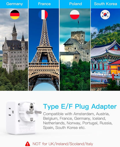 One Beat 2 Pack Germany France Travel Plug Adapter, Type E/F International Power Adapter with 3 Outlets and 3 USB Ports (2 USB-C), Travel Essentials for US to France, Germany, South Korea, Netherlands