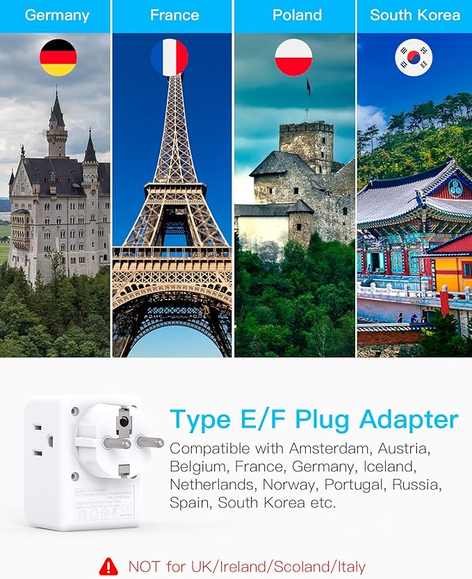 2 Pack Germany France Travel Plug Adapter, Type E/F Power Plug Adapter | 3 Outlets 4 USB Charging Ports(2 USB C), 7-in-1 Travel Essentials US to Europe France Germany South Korea Netherlands Spain