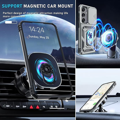 Janmitta Compatible with Samsung Galaxy S25 Plus/S24 Plus Case Built in Slide Camera Lens Cover+Screen Protector+Finger Ring Holder Kickstand,Heavy Duty Shockproof Full Body Phone Cover,Silver