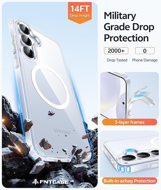 FNTCASE for Galaxy S25/S24 Case Clear, Fit for Magsafe, Screen Protector | Anti Yellowing Magnetic Back, 14FT Military Grade Drop Protection, Shockproof Protective Phone Cover, Transparent
