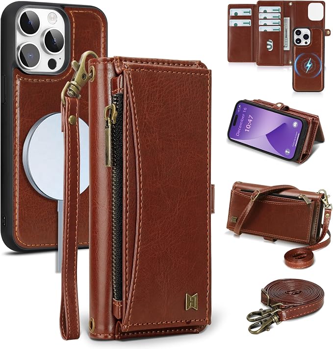 Wallet Case for iPhone 14 Pro with Card Holder/Crossbody Wallet/Strap| RFID Blocking | Magnetic | Kickstand | Detachable | PU Leather Phone Case for iPhone 14 Pro,6.1 in,Brown