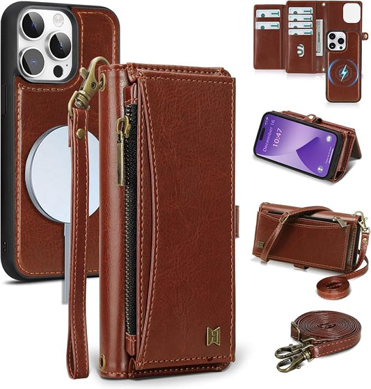 Wallet Case for iPhone 14 Pro with Card Holder/Crossbody Wallet/Strap| RFID Blocking | Magnetic | Kickstand | Detachable | PU Leather Phone Case for iPhone 14 Pro,6.1 in,Brown