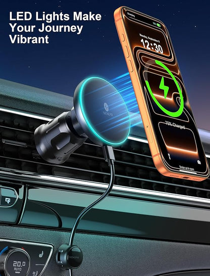 MOKPR for iPhone Magsafe Car Mount Charger, Wireless Car Charger Magnetic Car Phone Holder for Dash Air Vent-LED HandsFree Car Mount Fast Car Charger for iPhone 17/16/15/14/13/12 Series