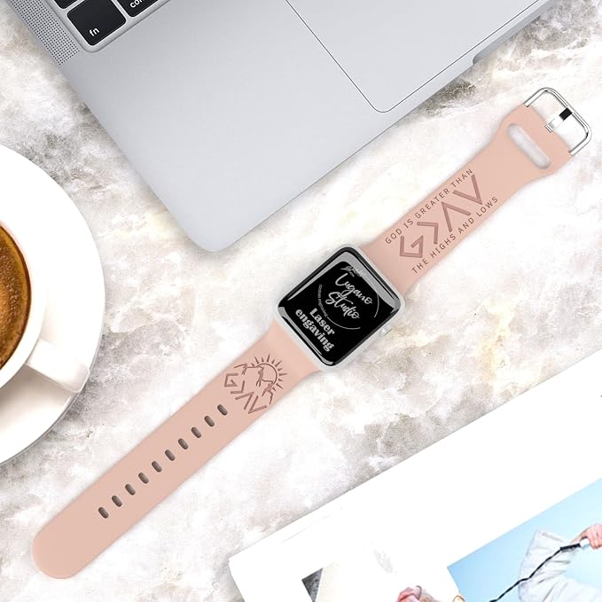 God is Greater Than the Highs and Lows Watch Band Compatible with Apple Watch Laser Engraved iWatch Band Silicone 38mm - 49mm Strap Jesus Psalm Christian God Blessed (42/44/45/46/49mm S/M, Pink Sand)