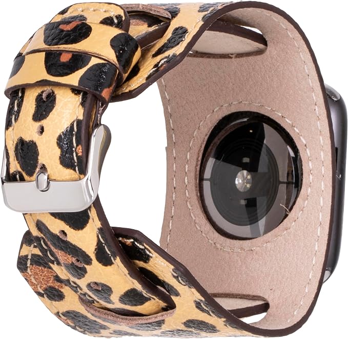 HARDISTON Cuff Watch Band Compatible with Apple 40mm for men & women, Handmade Genuine Leather, Compatible with iWatch Series 11 10 9 8 7 6 5 4 3 2 1 SE Ultra, Leather Wristband, Medium/Band-Leopard