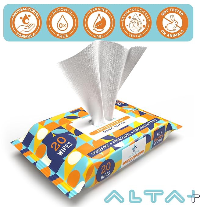 ALTA + Alcohol Free Hand Sanitizing Wipes, Travel Size, 20 Wipes, 12 Packs, Total 240 Pieces