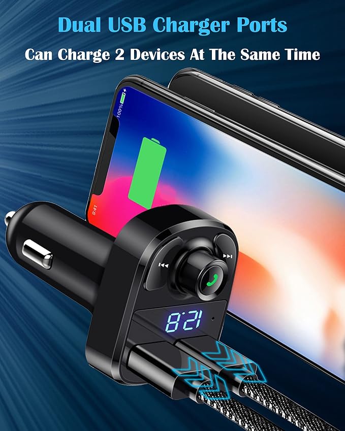 Handsfree Call Car Charger, Wireless Bluetooth 5.3 FM Transmitter Radio Receiver, MP3 Audio Music Adapter, Dual USB Ports, LED Show Voltage/FM Frequency, Compatible for iPhone Samsung Smartphones