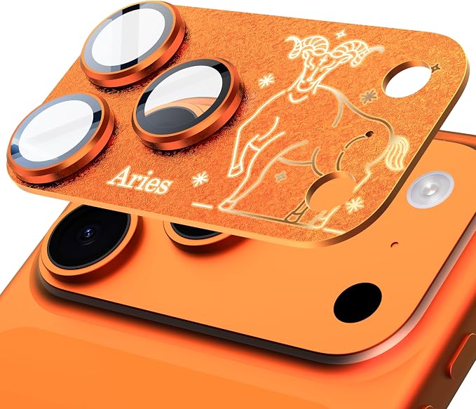 Compatible for iPhone 17 Pro Max Camera Lens Protector, Aries Pattern, Drop Protection, Anti Scratch Full-Coverage, AR 360-Degree Protection, Camera Transmfttance HD, Easy Installation, Orange