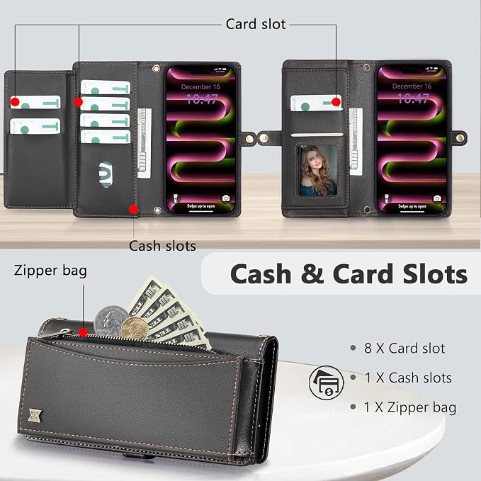 Wallet Case for iPhone 16 Pro with Card Holder/Crossbody Wallet/Strap| RFID Blocking | Magnetic | Kickstand | Detachable | PU Leather Phone Case for iPhone 16 Pro,6.3 in,Black