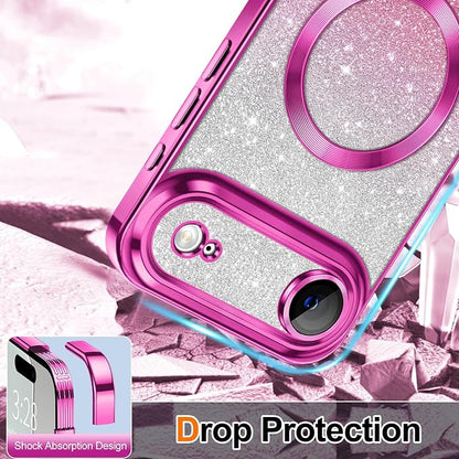 Hython for iPhone Air Case Glitter Clear Magnetic Phone Cases [Compatible with MagSafe] Full Camera Lens Protector Sparkle Luxury Plating Slim Shockproof Protective Cover, Gradient Hot Pink