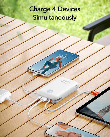 VIYISI Portable Charger 20000mAh 30W Fast Charging with Built-in 2 Cables | USB C & Lighting Cables, White Aesthetic Power Bank Compatible with iPhone 17 16 15 Pro Max, Samsung iPad, Travel