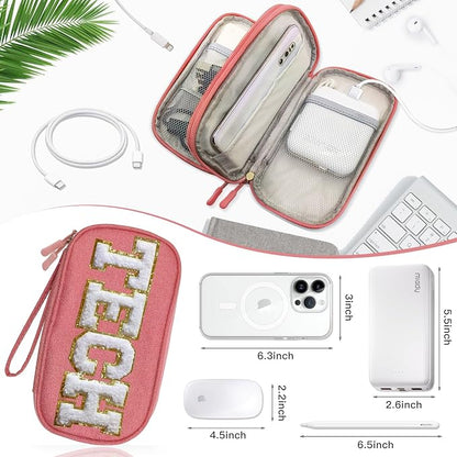 COSHAYSOO Cord Charger Organizer Travel Case Traveling Trip Gifts for Women TECH Bag Chenille Letter Pouch, Electronics Accessories Summer Camp College Dorm Essentials Must Have for Teen Girls Pink