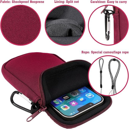 Pwsap Phone Sock,Universal Shock Impact Resistant Large Neoprene Phone Pouch Bag with Carabiner and Lanyard Strap Sleeve Case for Hiking Travelling Fits Phones up to 7.5 Inches,Wine Red,L