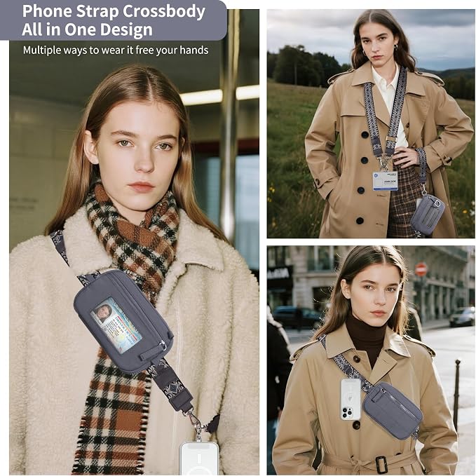 Tiostep Clip and Go Strap for Phone with Wallet Crossbody Phone Lanyard with Anti-Theft Zipper Pouch Detachable Quilted Wrist Wallet with RFID and ID Window for Daily Travel. Grey